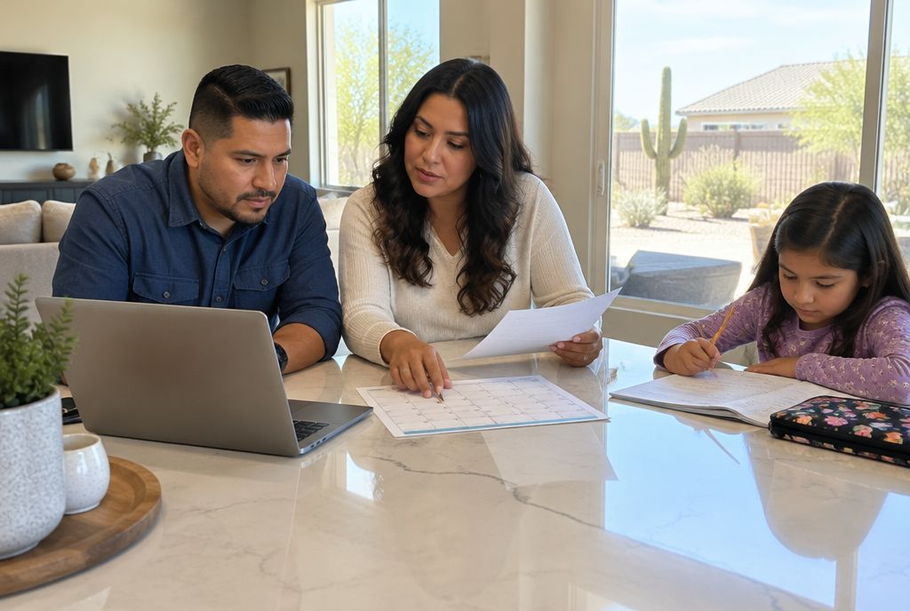 Parents at a Gilbert kitchen island reviewing a laptop and calendar while their daughter does homework