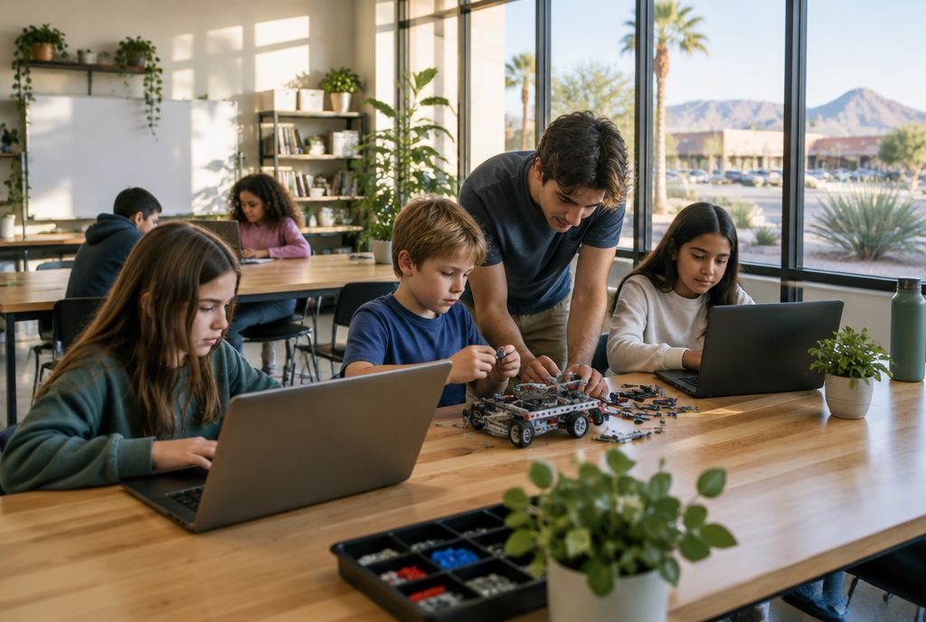 Children working on laptops and a robotics kit in a Mesa microschool studio