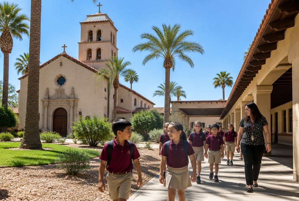 Spanish Colonial church beside a parochial school breezeway with students in maroon polo shirts